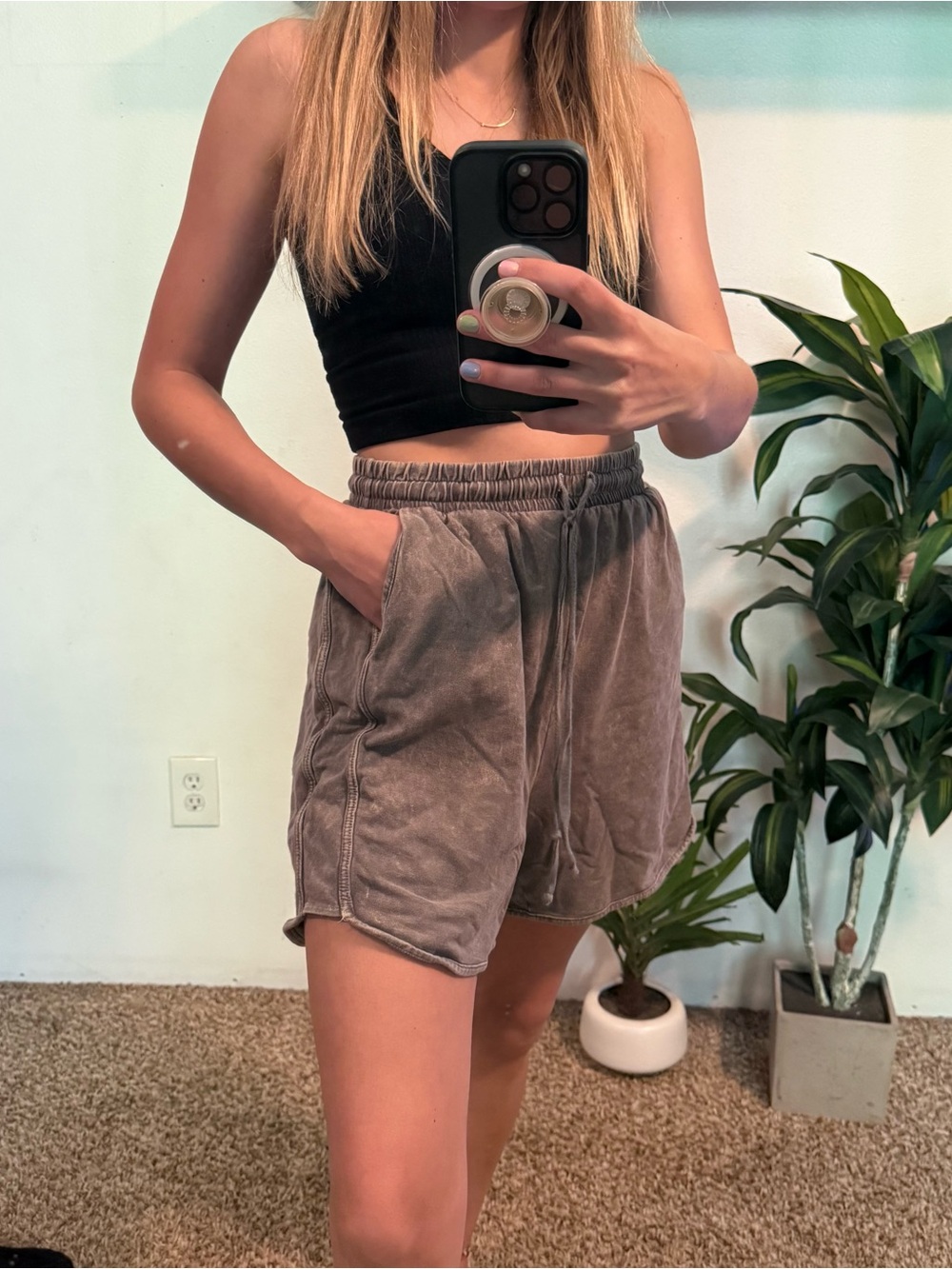 Three Bird Nest Washed Taupe High Waist Drawstring Shorts